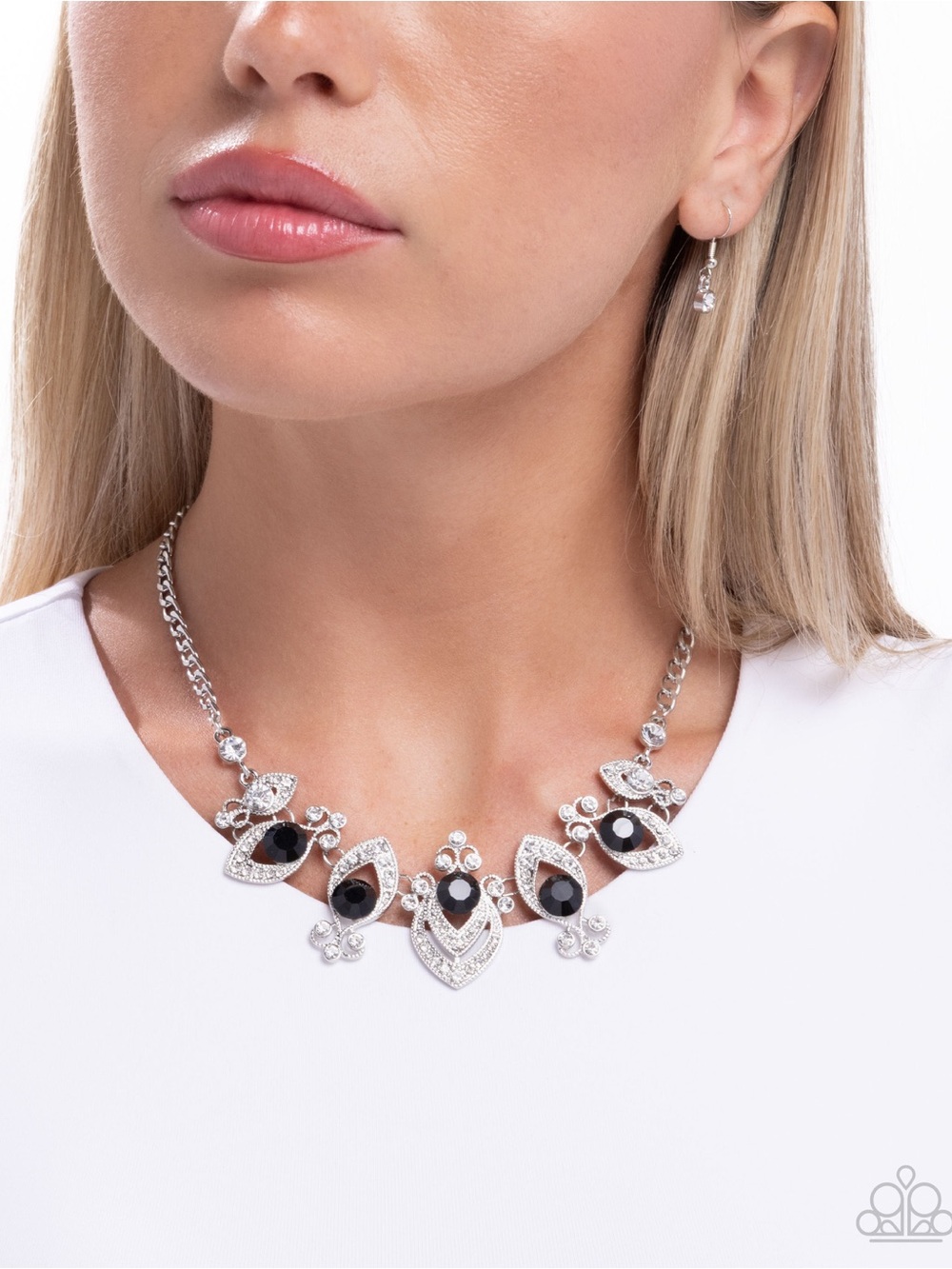 Silver-Tone Black Gem Statement Necklace and Earring Set